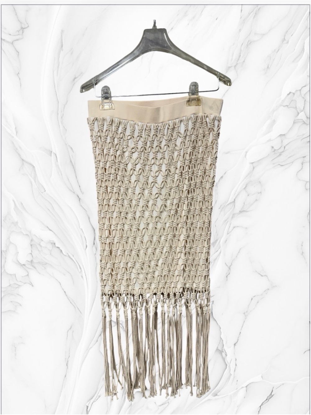 H&M Cream Macramé Fringe Midi Skirt with Elastic Waistband Medium NWT